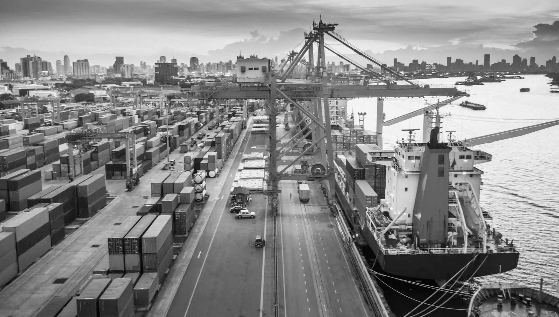 Modern dock with ships, cranes and shipping containers