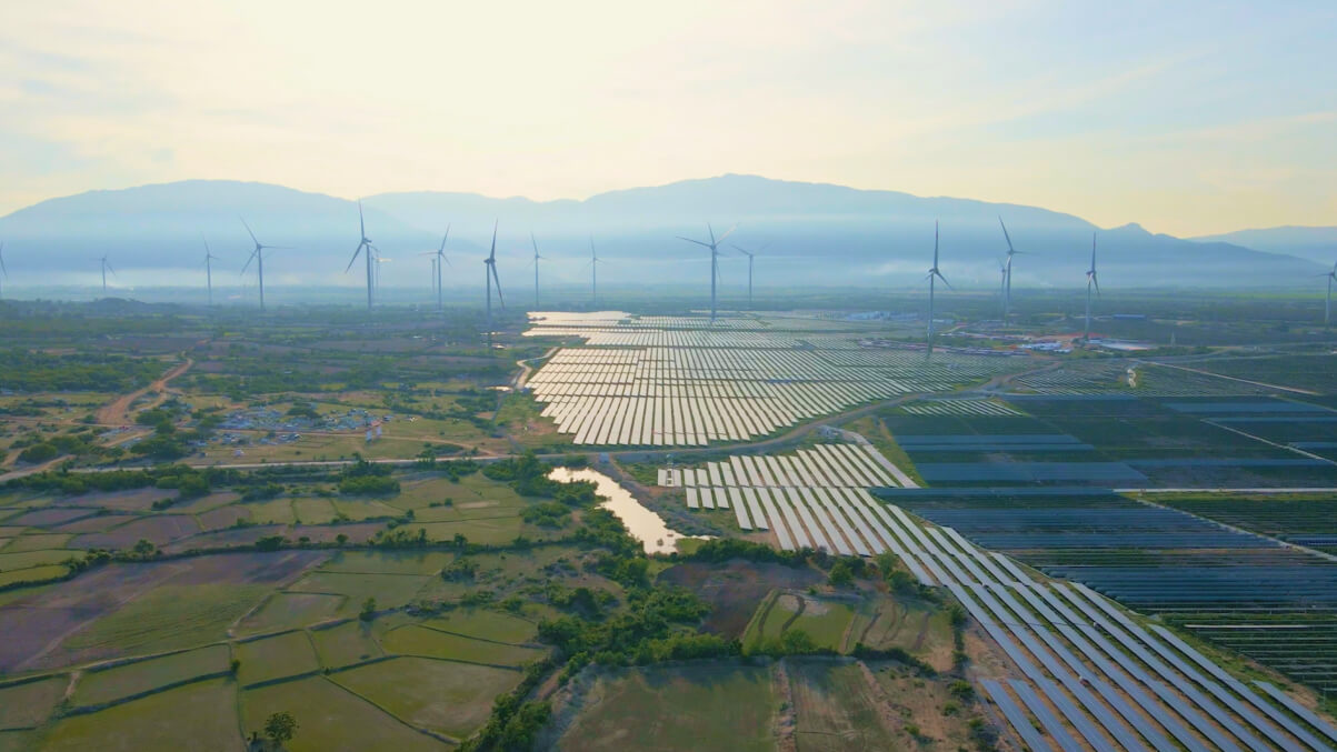 Fields solar panel and wind turbine
